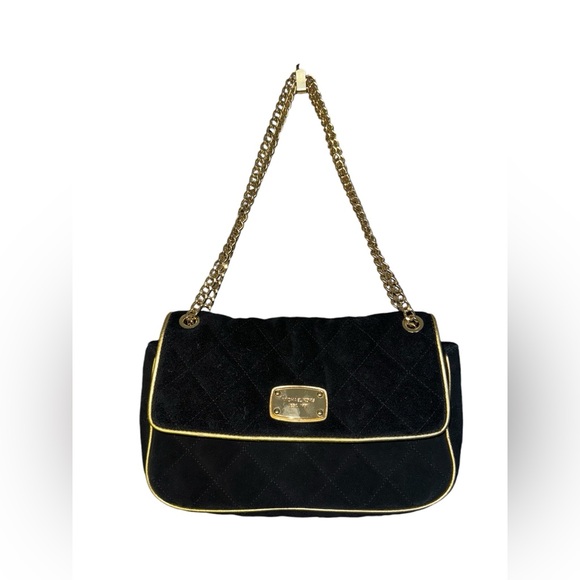 MK Black Gold Quilted Suede Luxury Clutch Bag Dinner Date Party Special Event - Picture 1 of 4